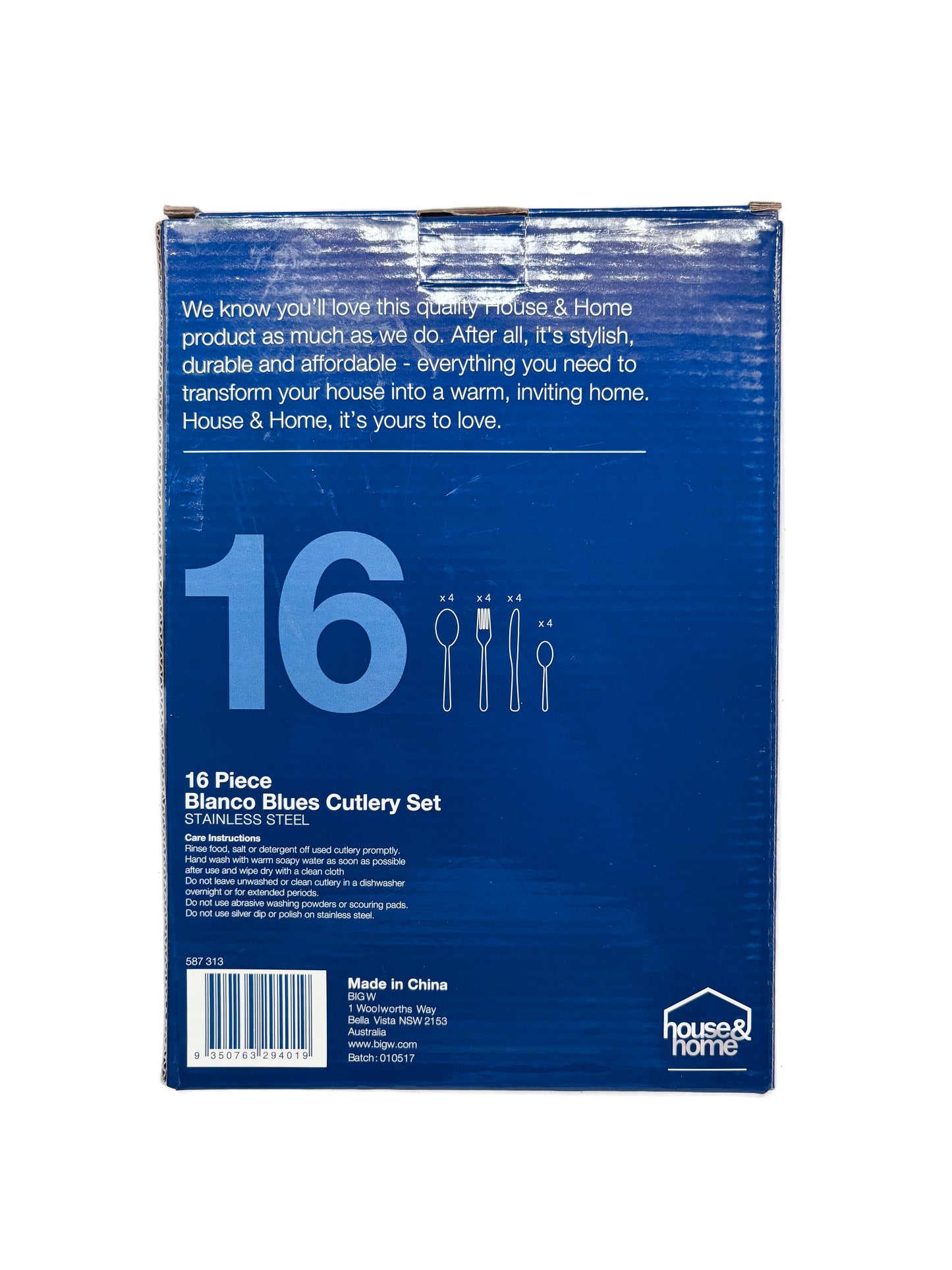 Blue packaging box for a 16-piece Blanco Blues Cutlery Set with text and branding.