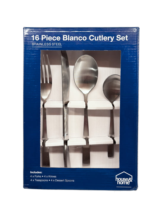 16-piece Blanco cutlery set packaging with silverware images on a white background